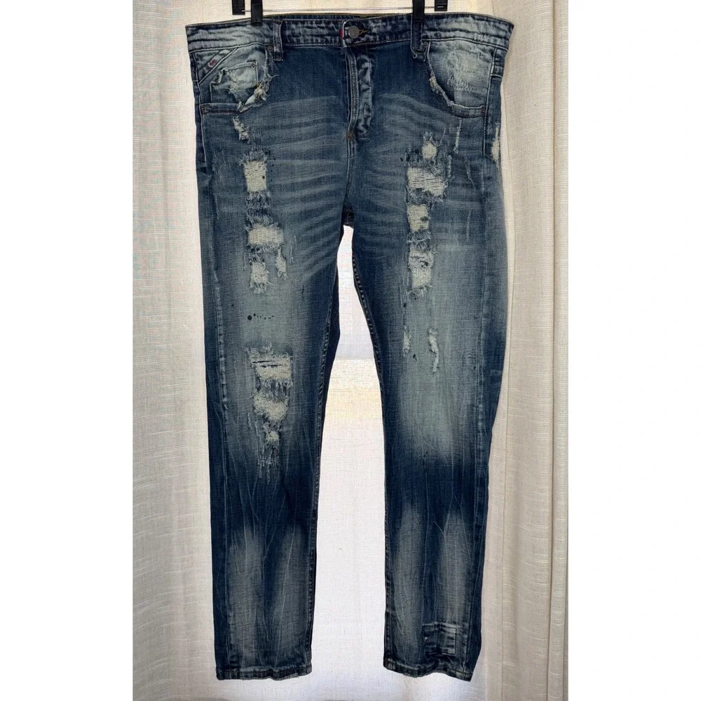 Smugglers Moon Distressed Ripped Paint Splatter Blue Jeans Button Fly Mens 42x33